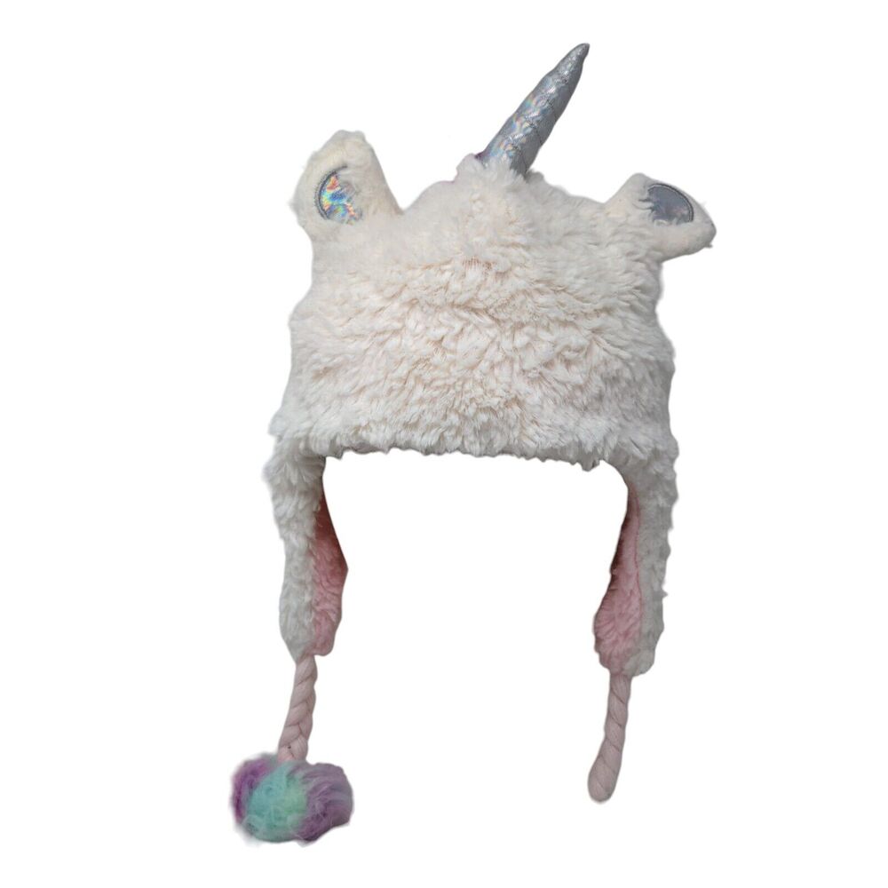 Elli By Capelli Faux Fur Unicorn Beanie Hat S/M White Ear Flap Braids